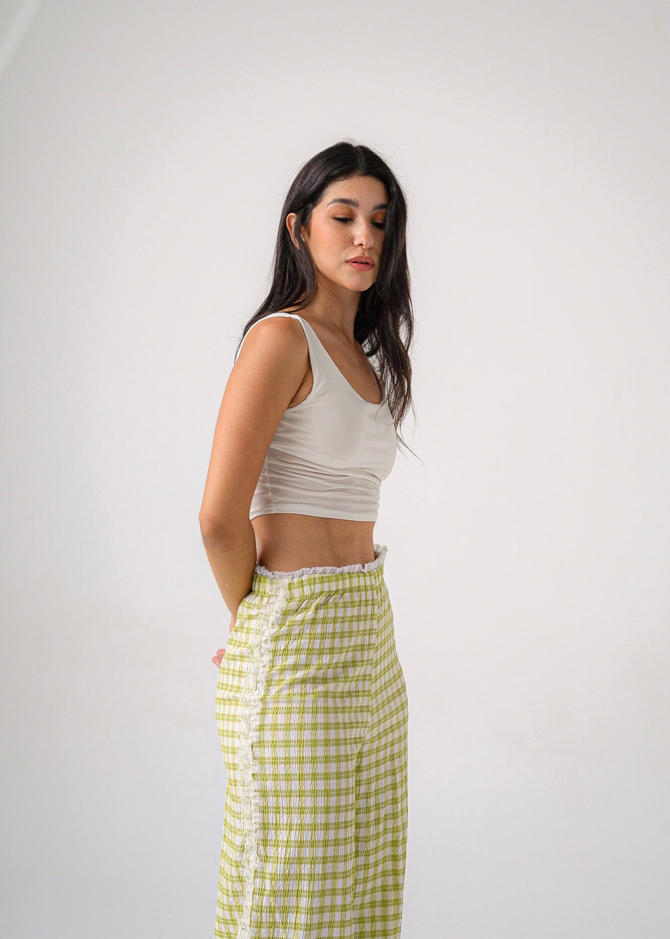 LACE-TRIM CHECKED PANTS - GREEN