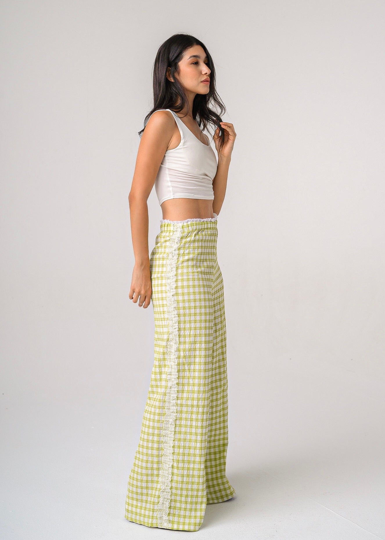 LACE-TRIM CHECKED PANTS - GREEN