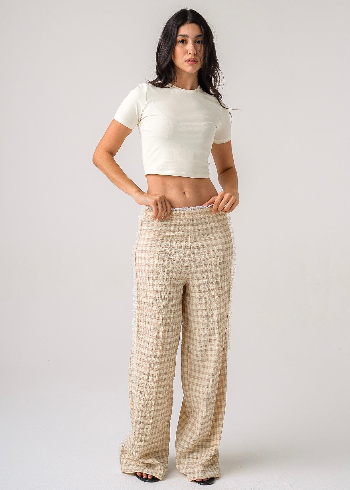 LACE-TRIM CHECKED PANTS - BROWN