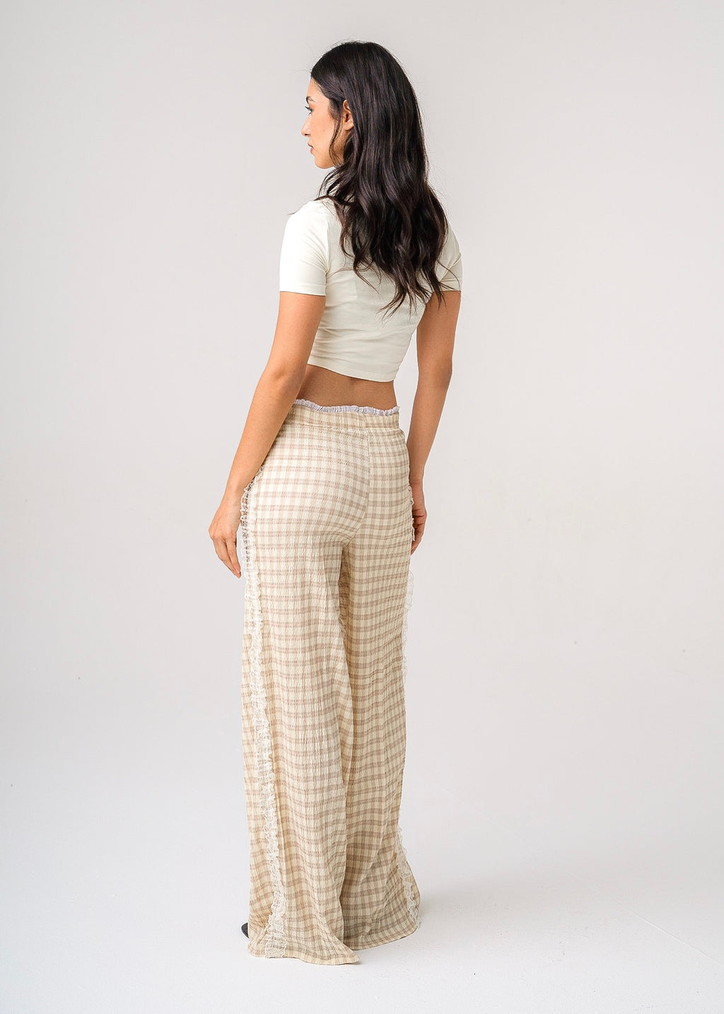 LACE-TRIM CHECKED PANTS - BROWN