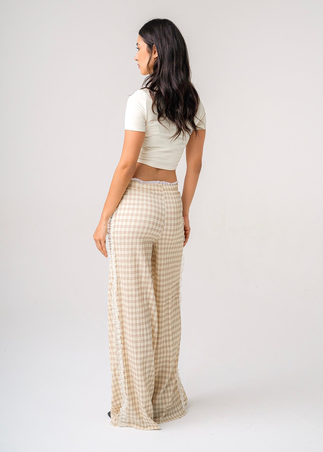 LACE-TRIM CHECKED PANTS - BROWN