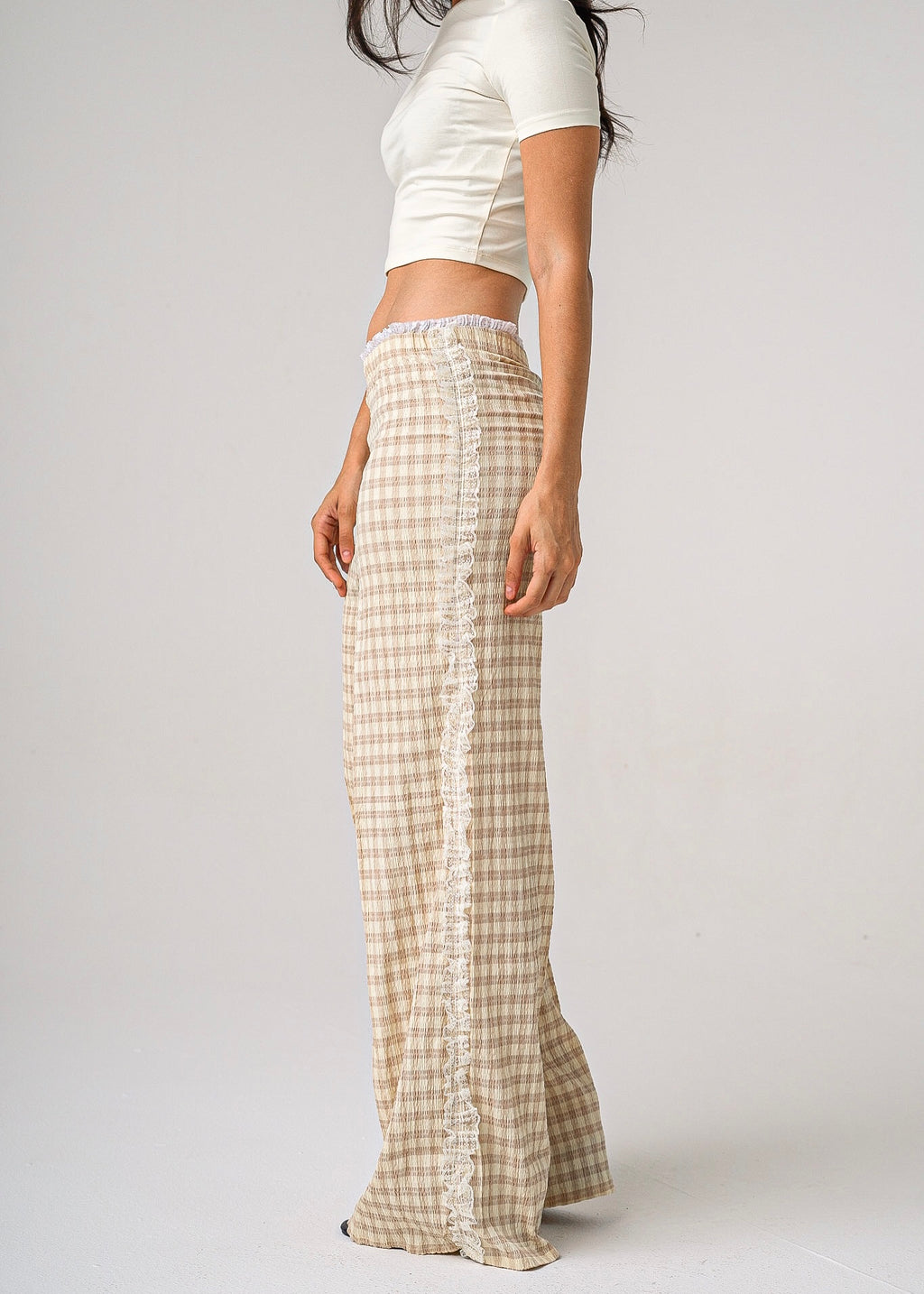 LACE-TRIM CHECKED PANTS - BROWN