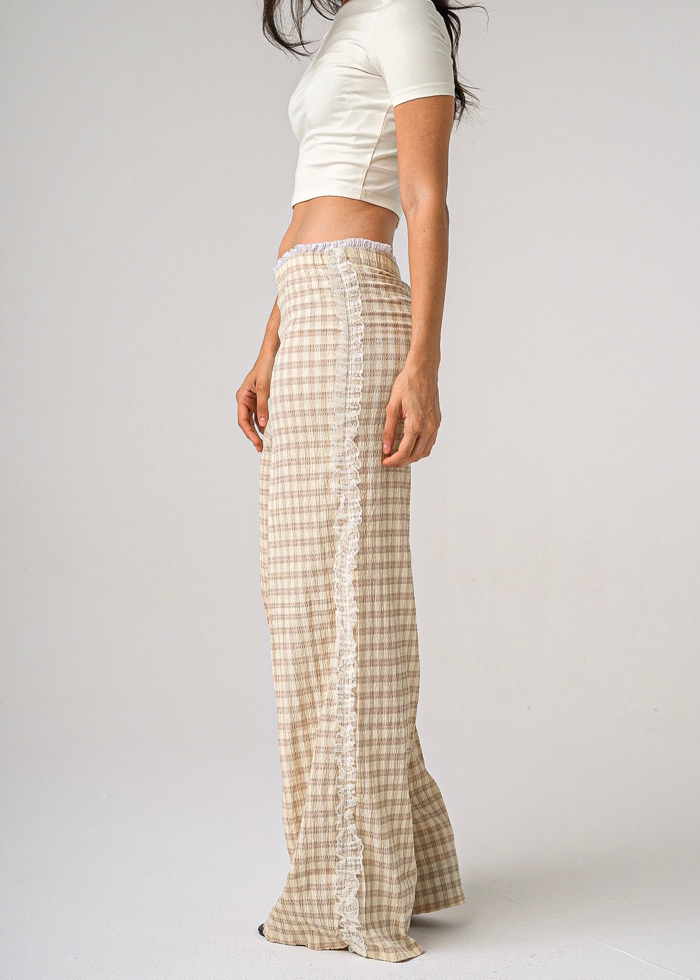 LACE-TRIM CHECKED PANTS - BROWN