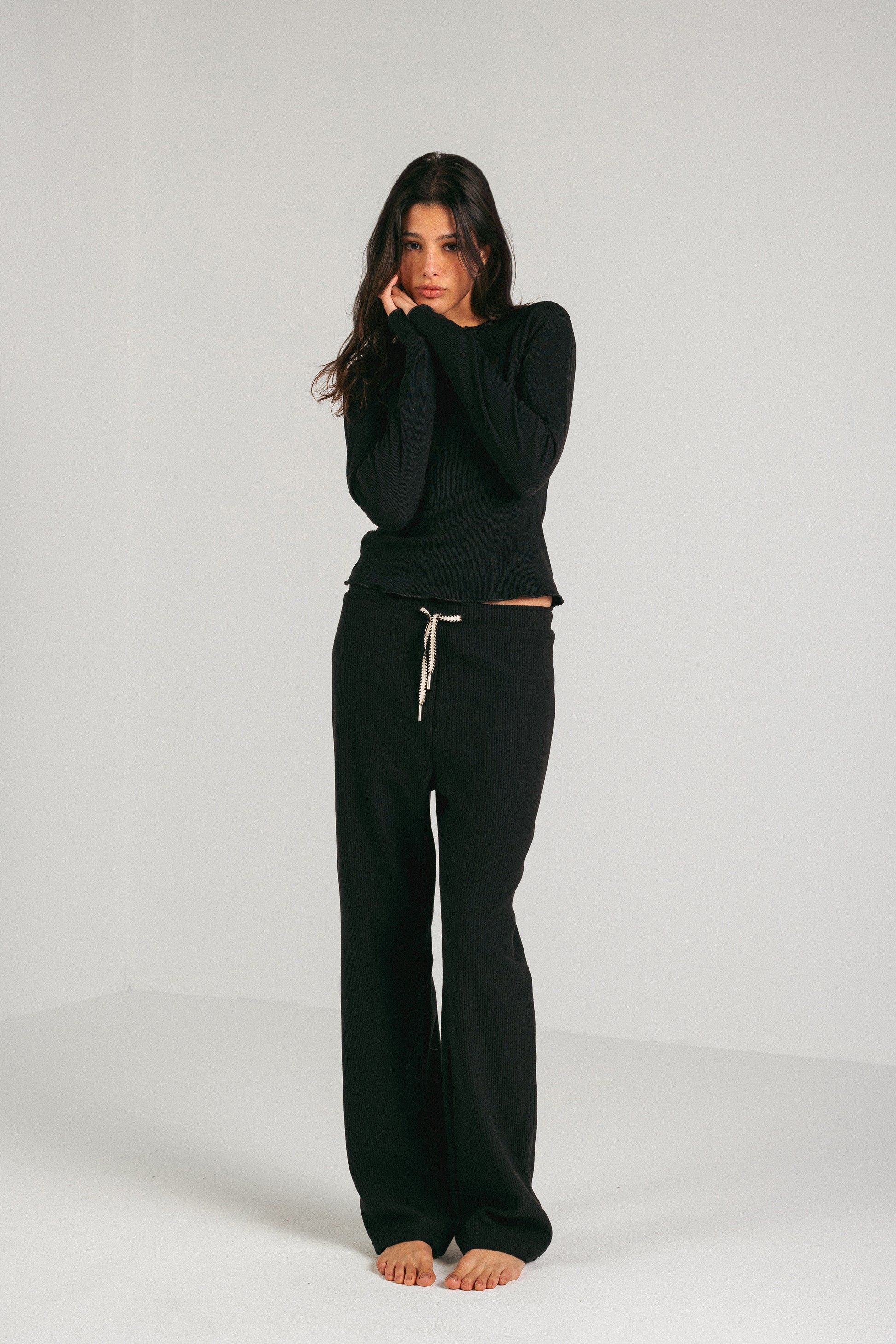 RIBBED COTTON PANTS - BLACK